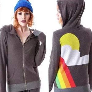 Wildfox Brown Hoodie with Rainbow and Cloud Design